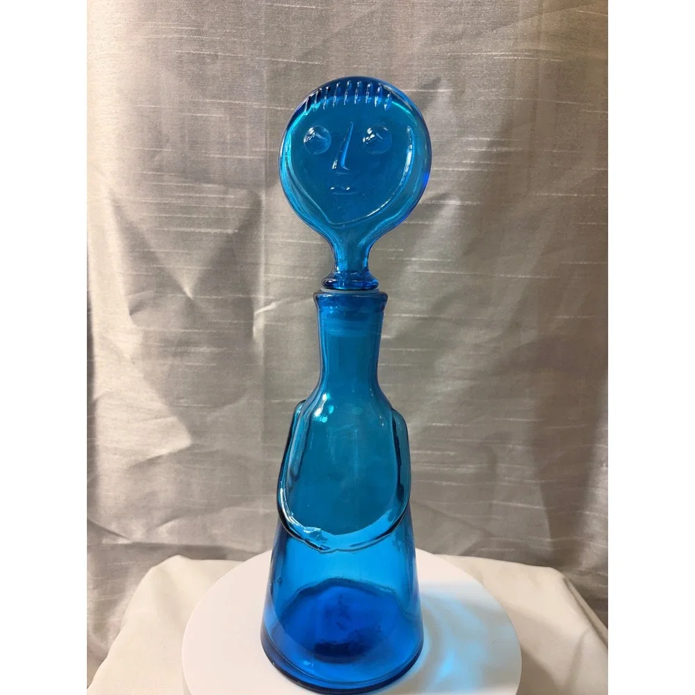 Vintage Erik Höglund Boda Blue Glass People Decanters Face Stoppers Pair MCM